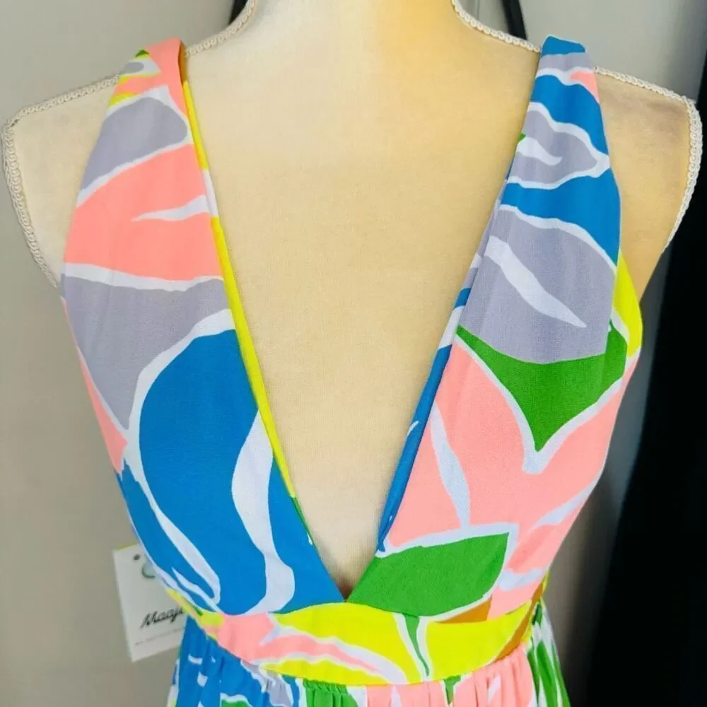 Maaji Selvatik Marea Knit Cover-Up Maxi Dress, Yellow/Blue‎ Size Small 2/4, NWT